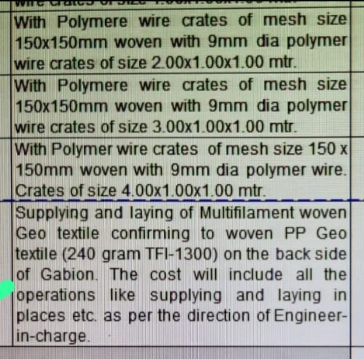 Polymer wire crates of mesh 15x150 woven with 9 mm dis polymer wire  2x1x1 mtrs 3x1x1mtrs 4x1x1 mtrs 800 nos each